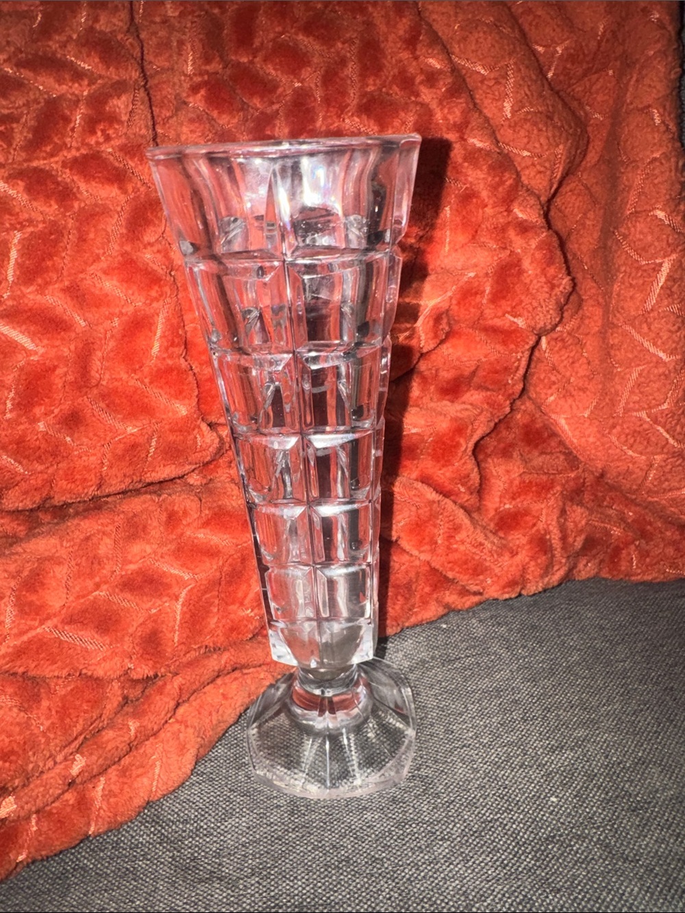 VINTAGE Heavy Cut Crystal Pedestal Vase Brilliant Block & Star Pattern